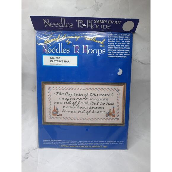 Vintage Needles N Hoops Cross Stitch Sampler Kit Captains Bar 258 Humor Mancave - Picture 1 of 5